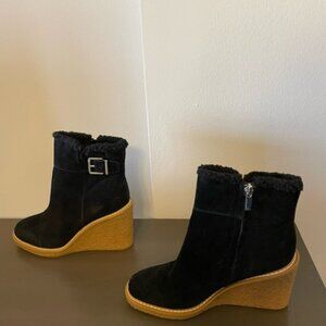 Franco Sarto Ulayna Suede Bootie Wedge Heel black Faux Fur 7.5 NWOB